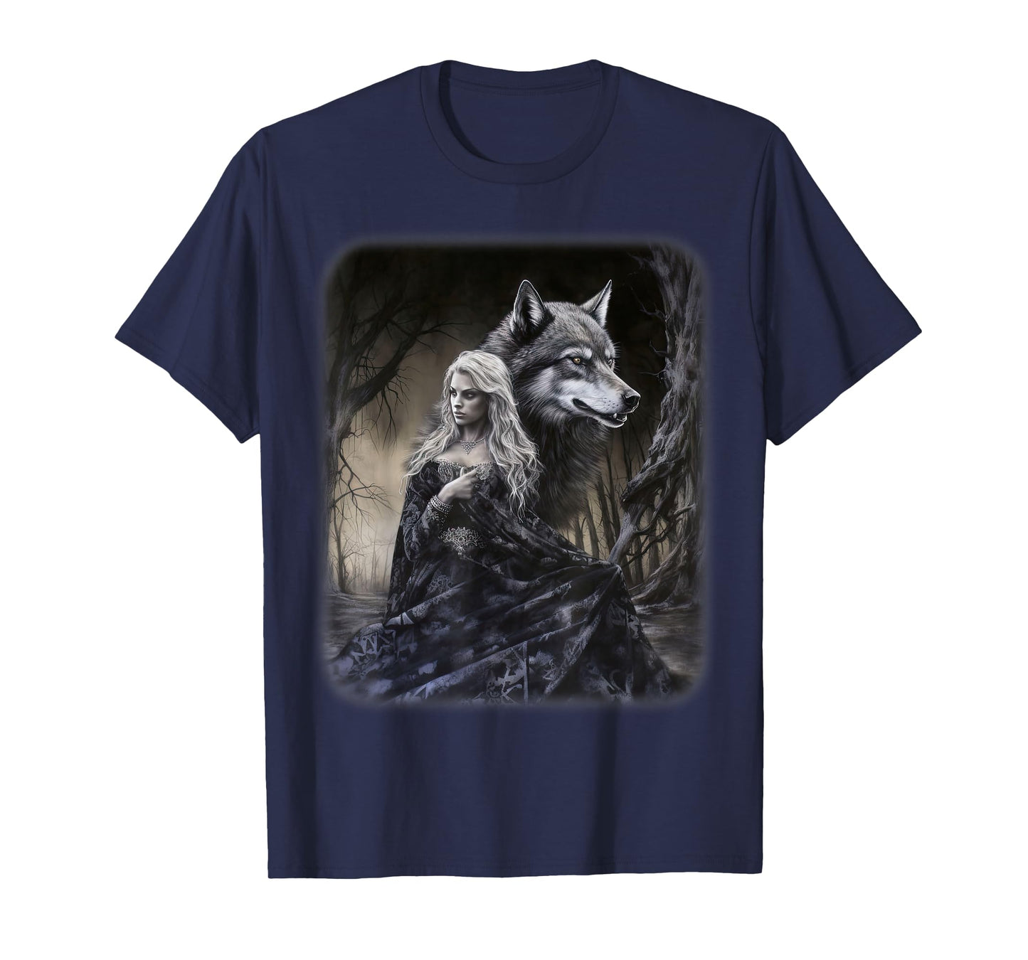 Woman and Gray Wolf in Forest Moon Fantasy Art Painting T-Shirt