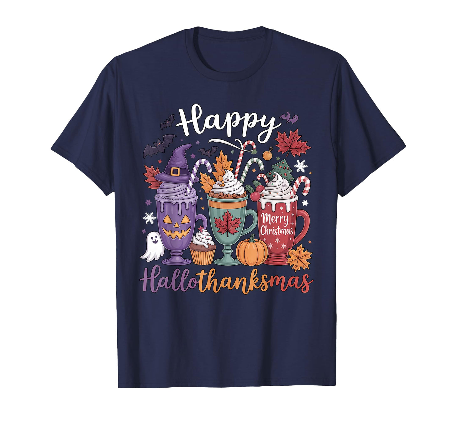 Happy Hallothanksmas Coffee Lover Halloween Merry Christmas T-Shirt