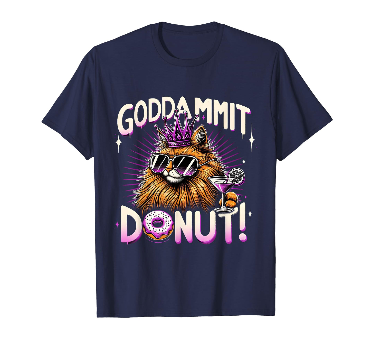 Funny Cool Cat Crown Donut Drink Retro Graphic Design T-Shirt