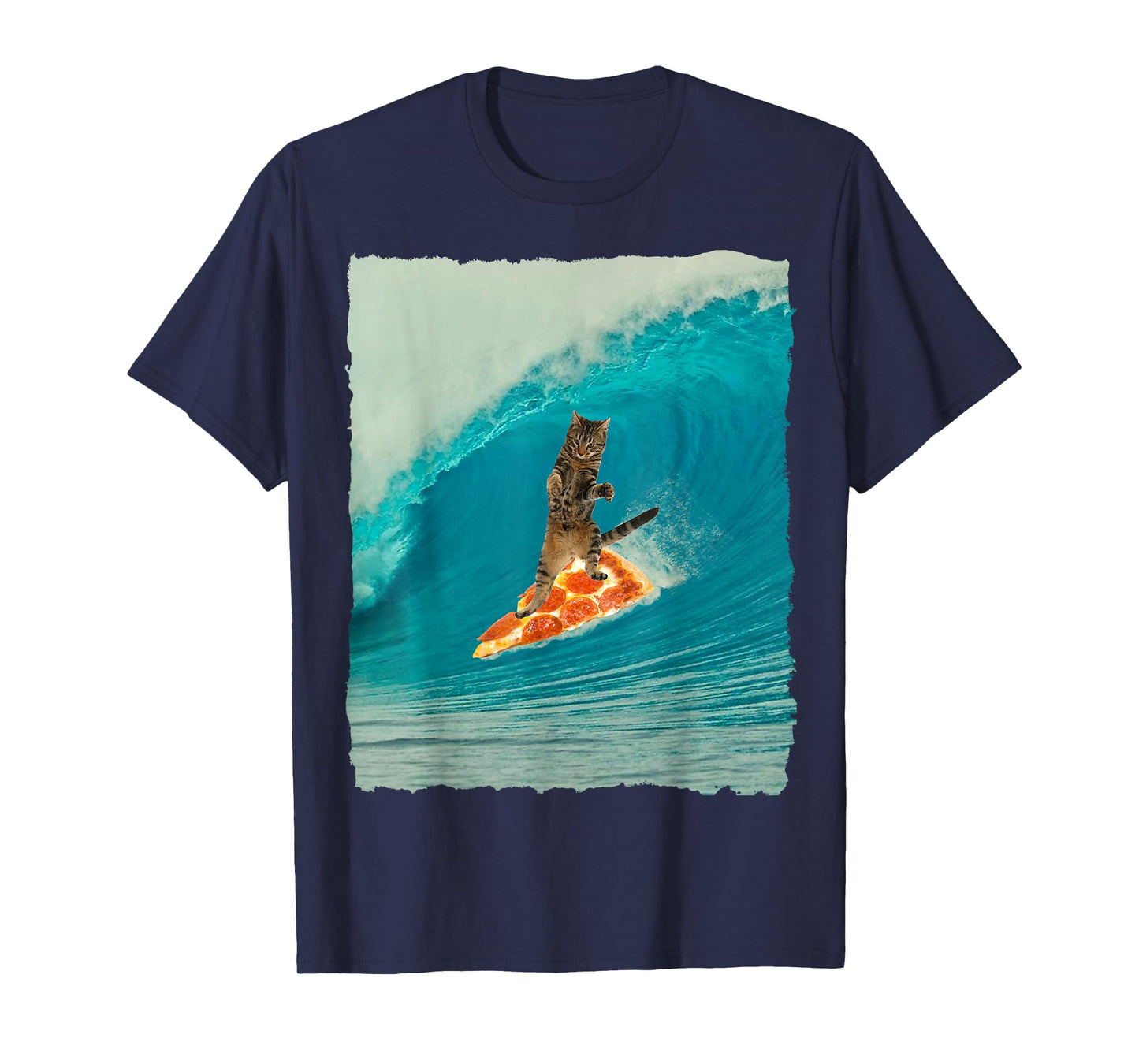 Surf Cat Shirt Kitty Riding a Wave with a Pizza Surf Board T Men Women Girls Kids T-Shirt