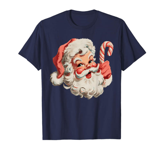 Vintage Retro Merry Christmas Santa Claus Face Candy Cane T-Shirt