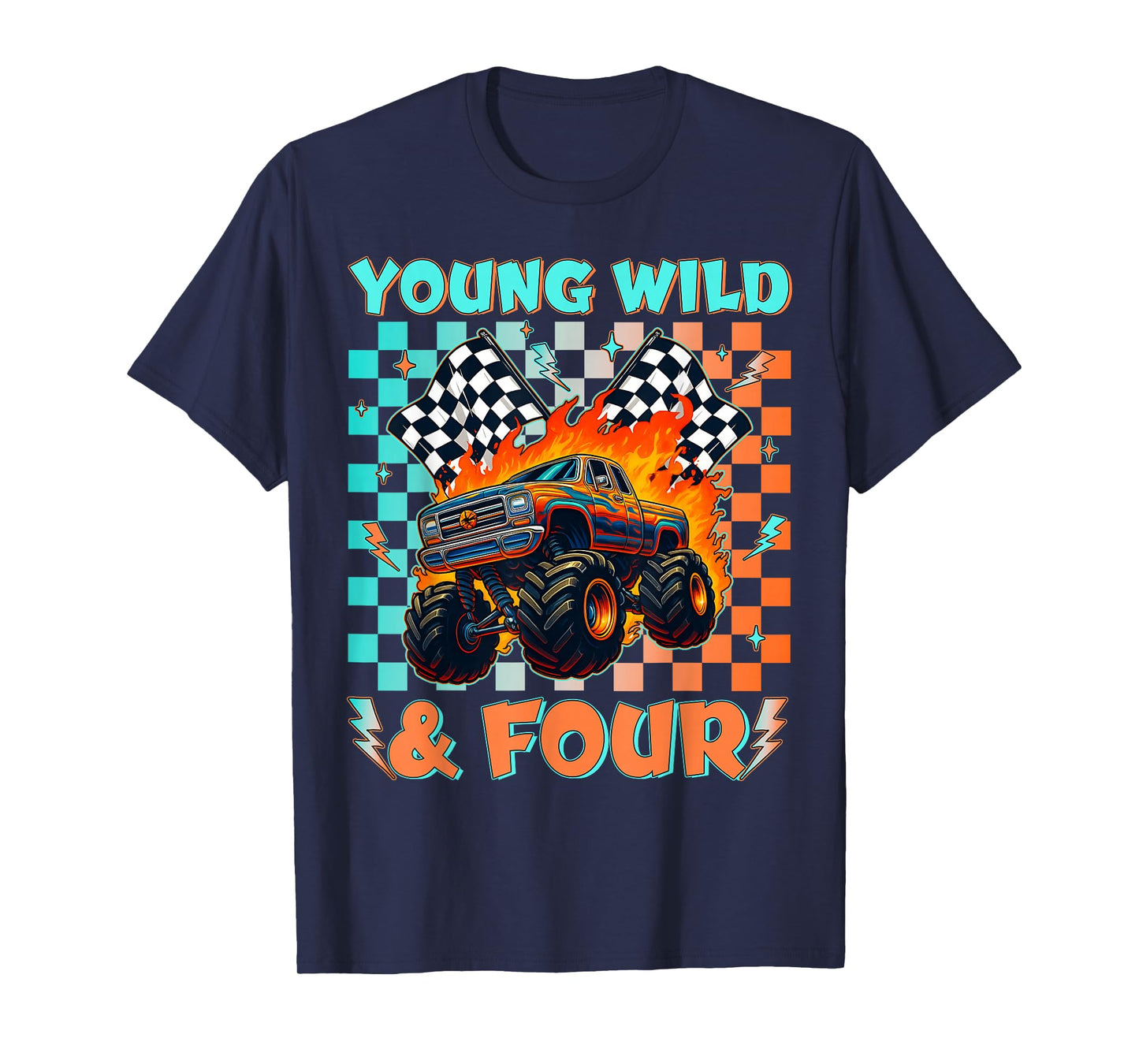 Young Wild Four Monster Truck Birthday 4th Racing Boys T-Shirt