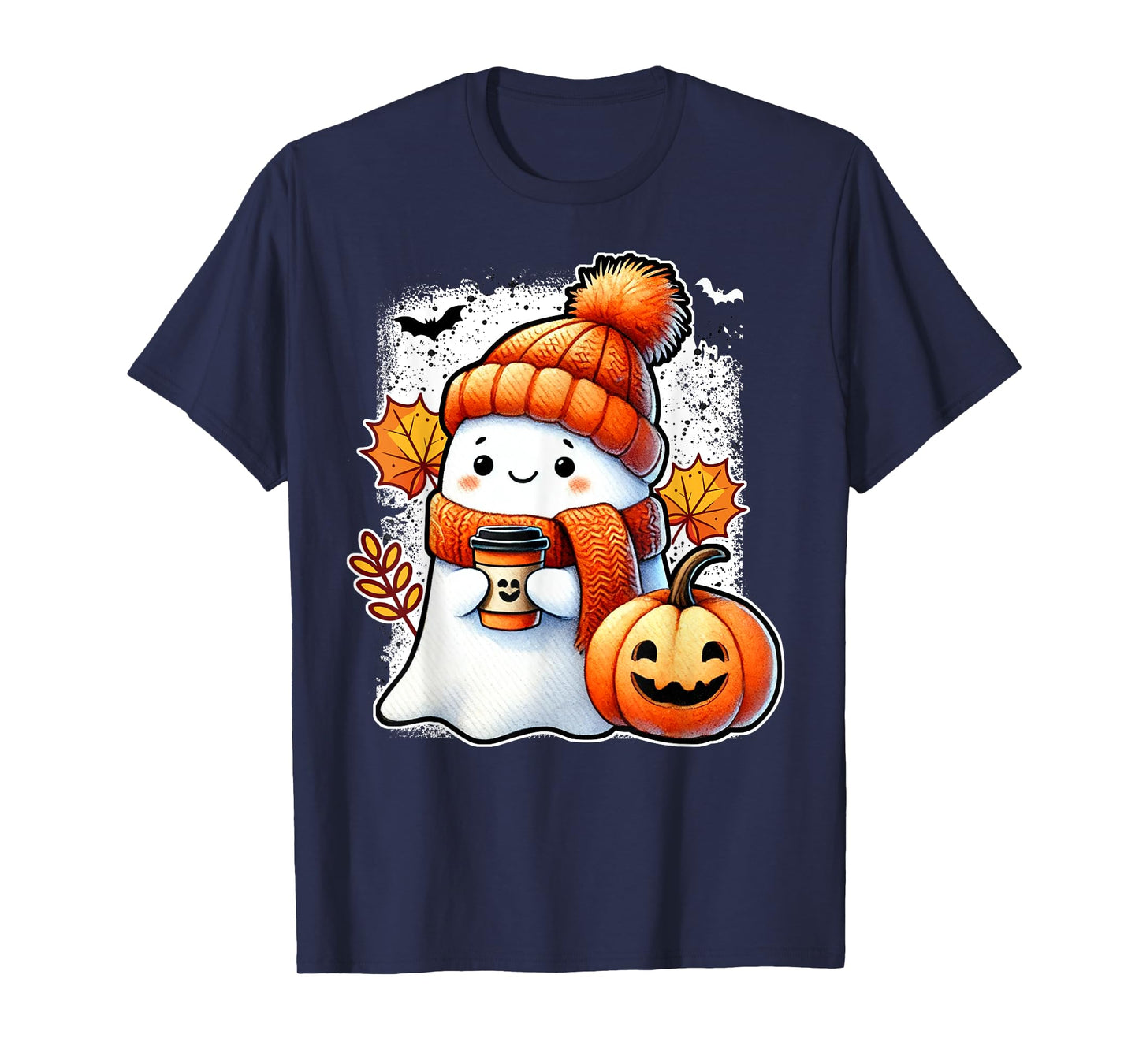 Cute Halloween Ghost Cozy Pumpkin Autumn Leaves T-Shirt