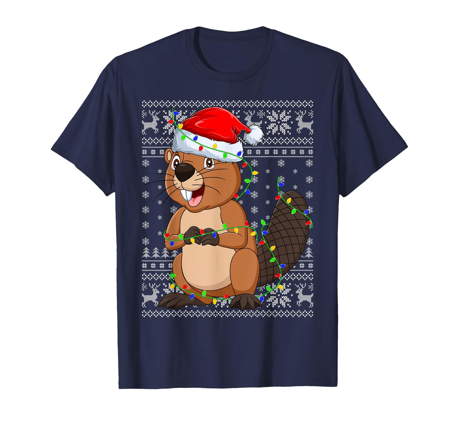 Ugly Sweater Xmas Lights Santa Hat Beaver Christmas T-Shirt