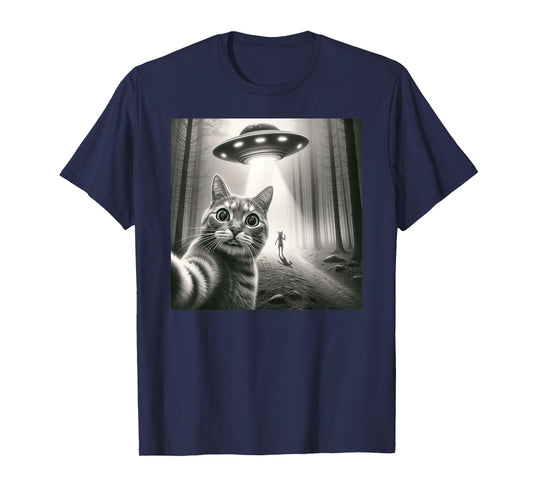 Cat Selfie With Alien UFO Funny Men Women Kid T-Shirt