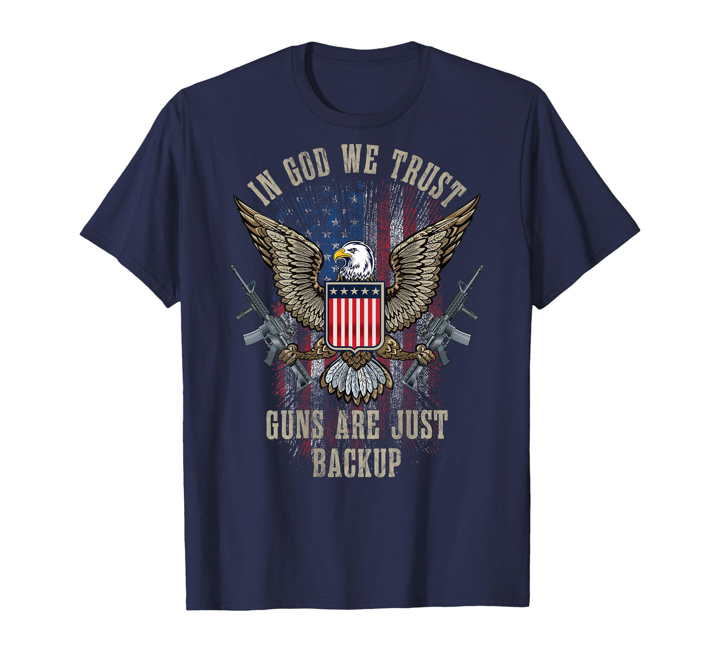 in God We Trust Guns are Just Backup American Flag ON Back T-Shirt Small
