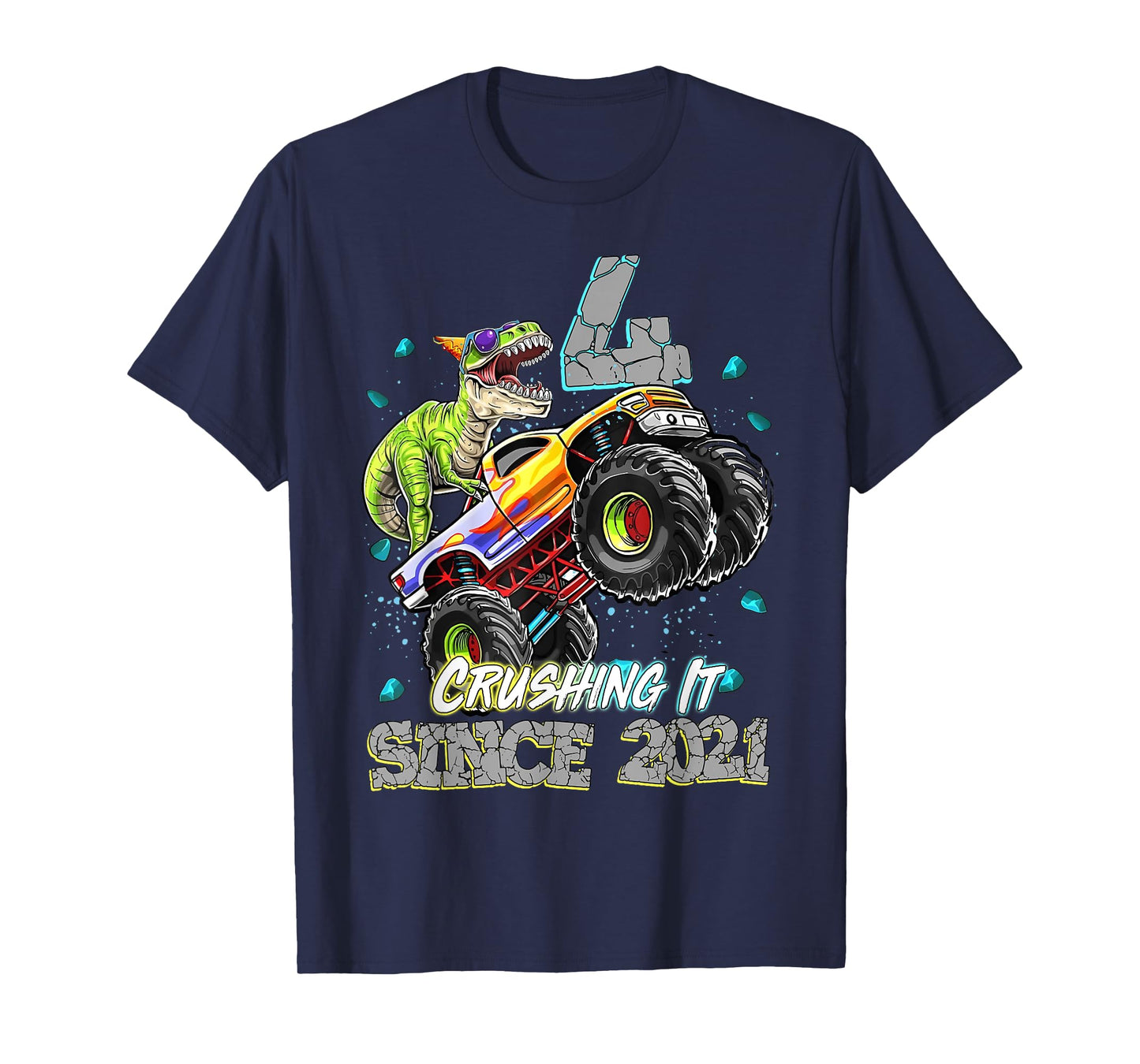 4th Birthday Since 2021 Monster Truck Dinosaur Birthday Boy T-Shirt