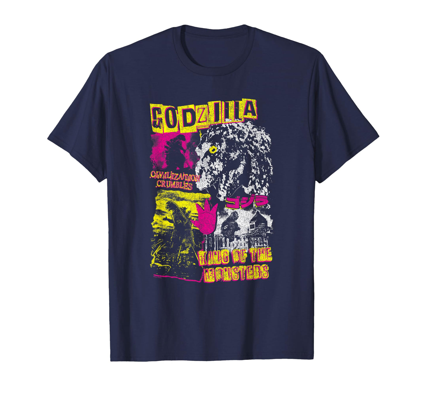 Godzilla Civilization Crumbles Neon Collage Retro Movie T-Shirt