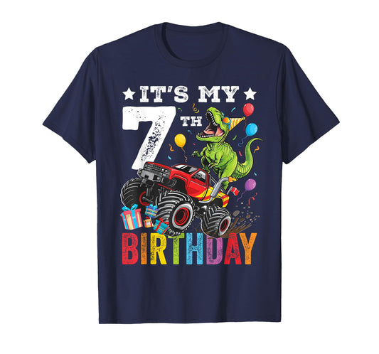 Seven 7th Birthday Dinosaur Monster Truck T-Shirt
