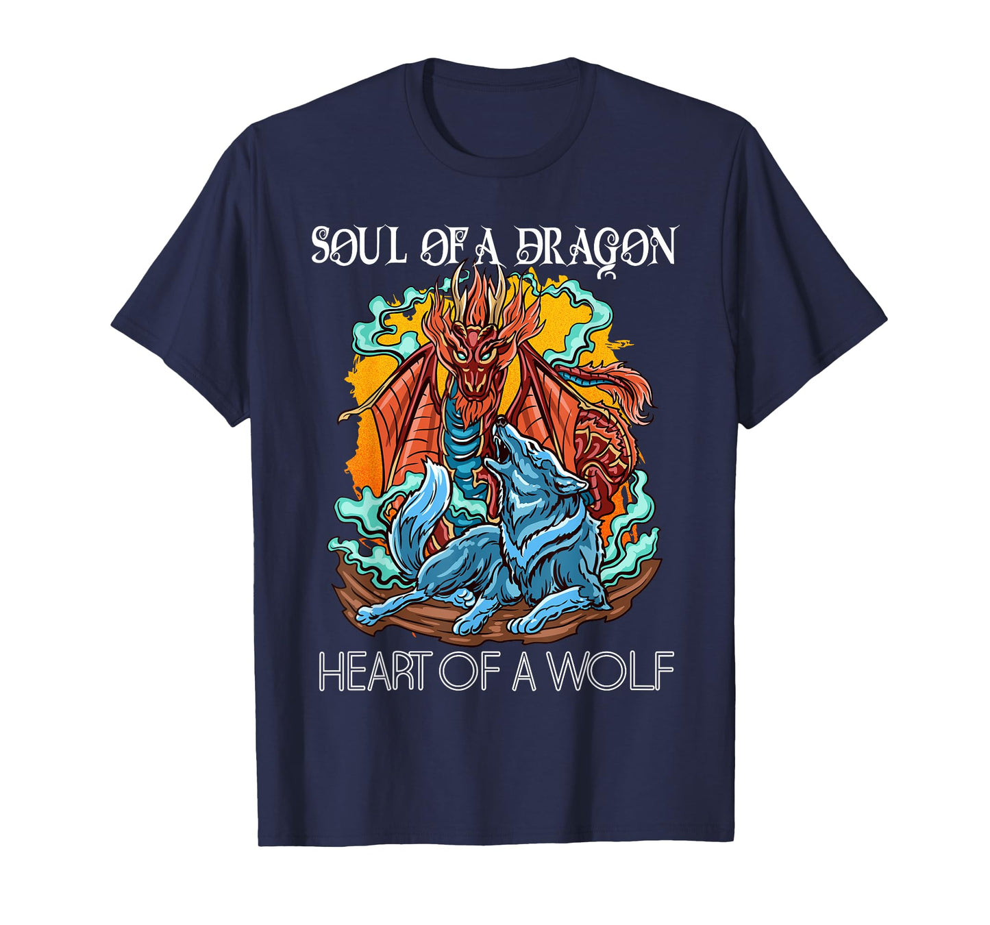 Heart of a Wolf Soul of a Dragon Goth Dragon and Wolf T-Shirt