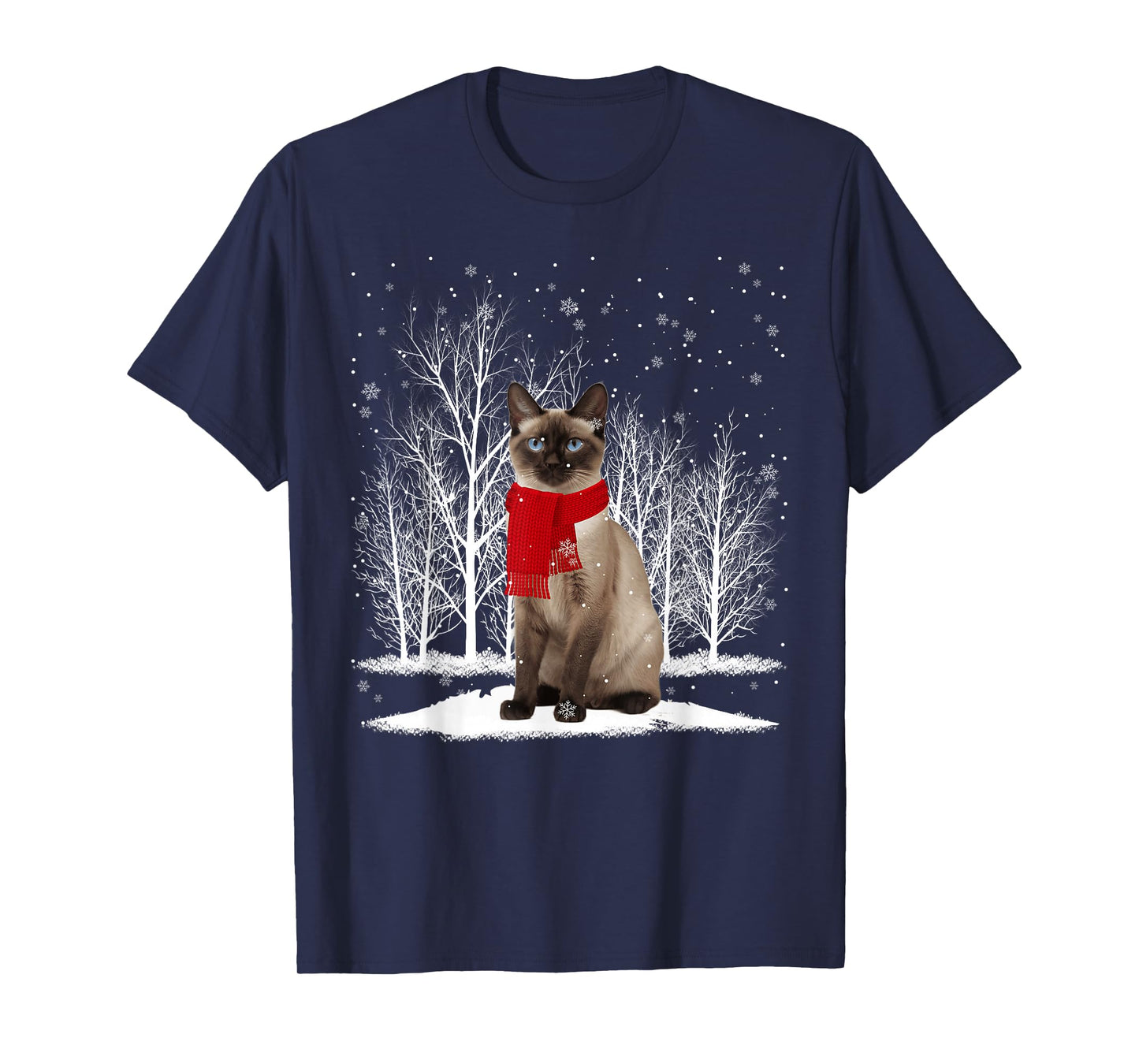Funny Siamese Cat Wearing Ugly Christmas Sweater Scarf Xmas T-Shirt