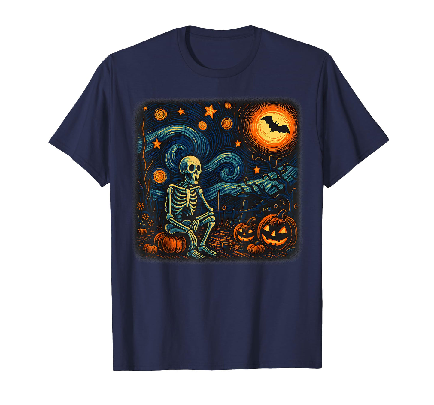 Halloween Skeleton Starry Night Van Gogh Pumpkin Men Women T-Shirt