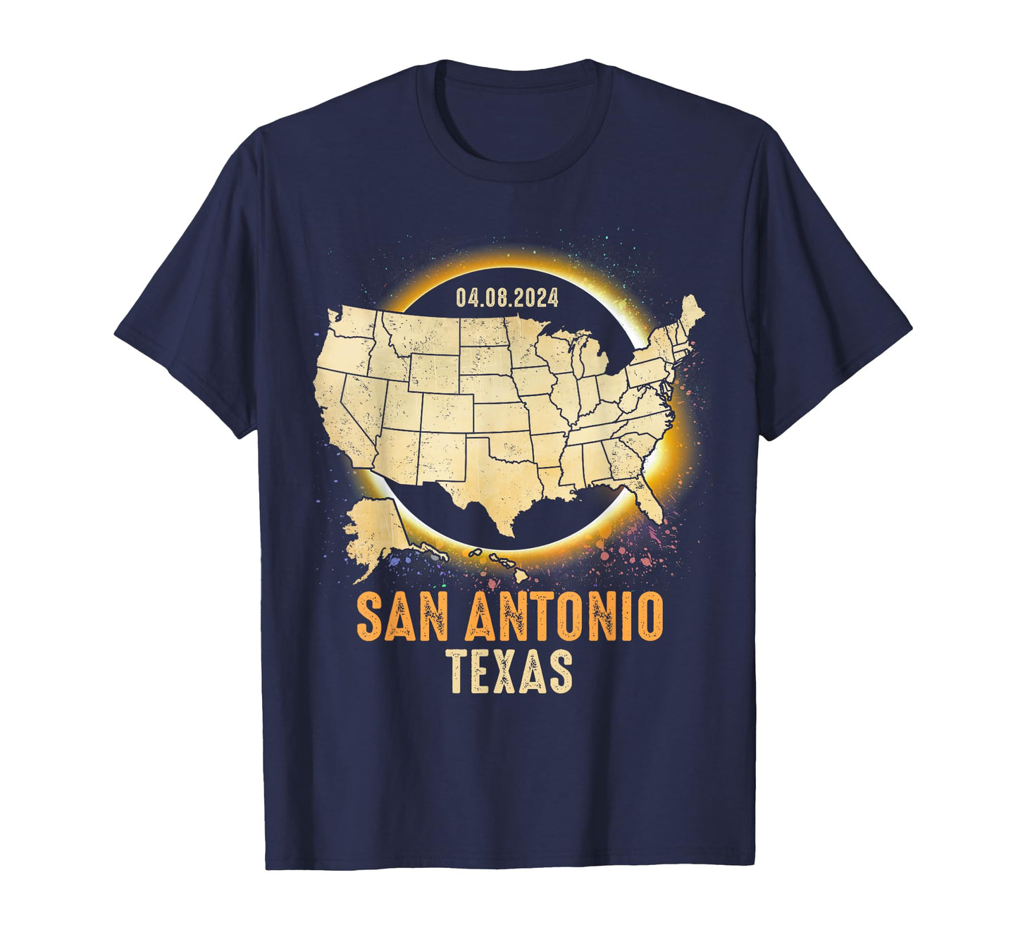 Total Solar Eclipse 2024 San Antonio Texas USA Map Colorful T-Shirt
