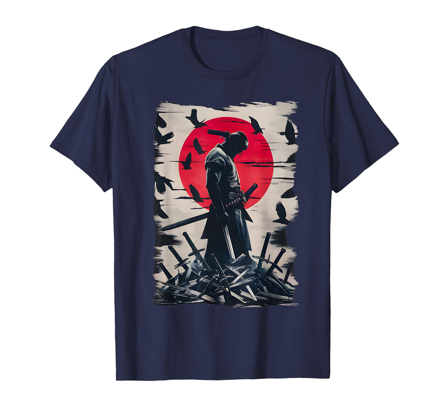 Japanese Anime Art Lone Samurai with Red Sun and Crows T-Shirt
