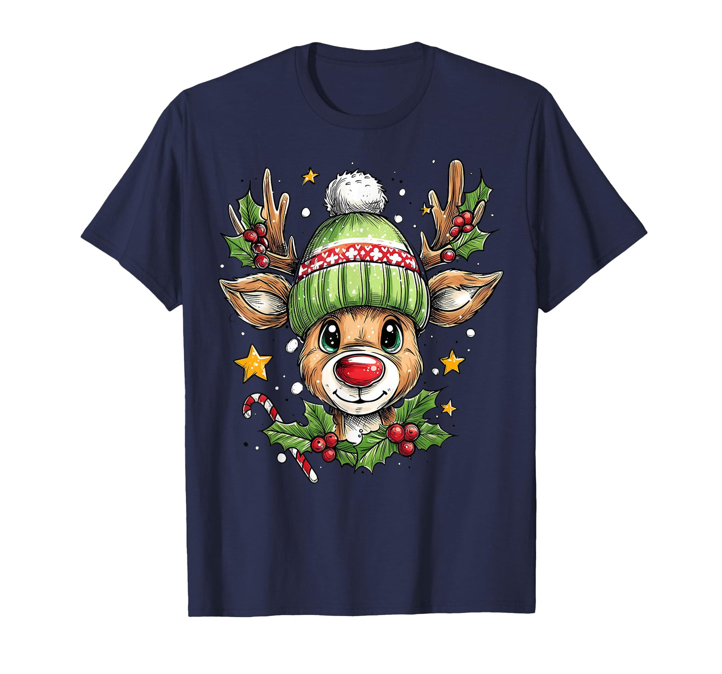 Christmas Reindeer Star Green Candy Holly Berry Xmas Couple T-Shirt