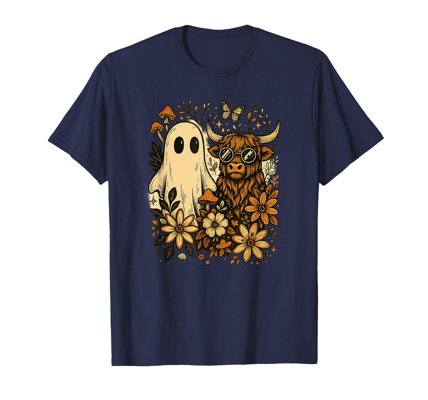 Highland Cow & Ghost Retro Autumn Floral Aesthetic T-Shirt