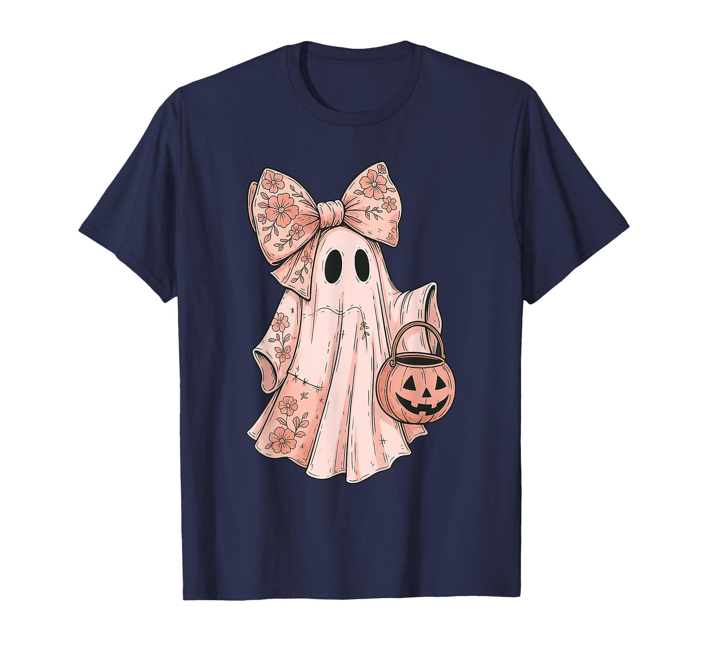 Girly Halloween Pink Denim Floral Pumpkin Preppy Ghost Bow T-Shirt