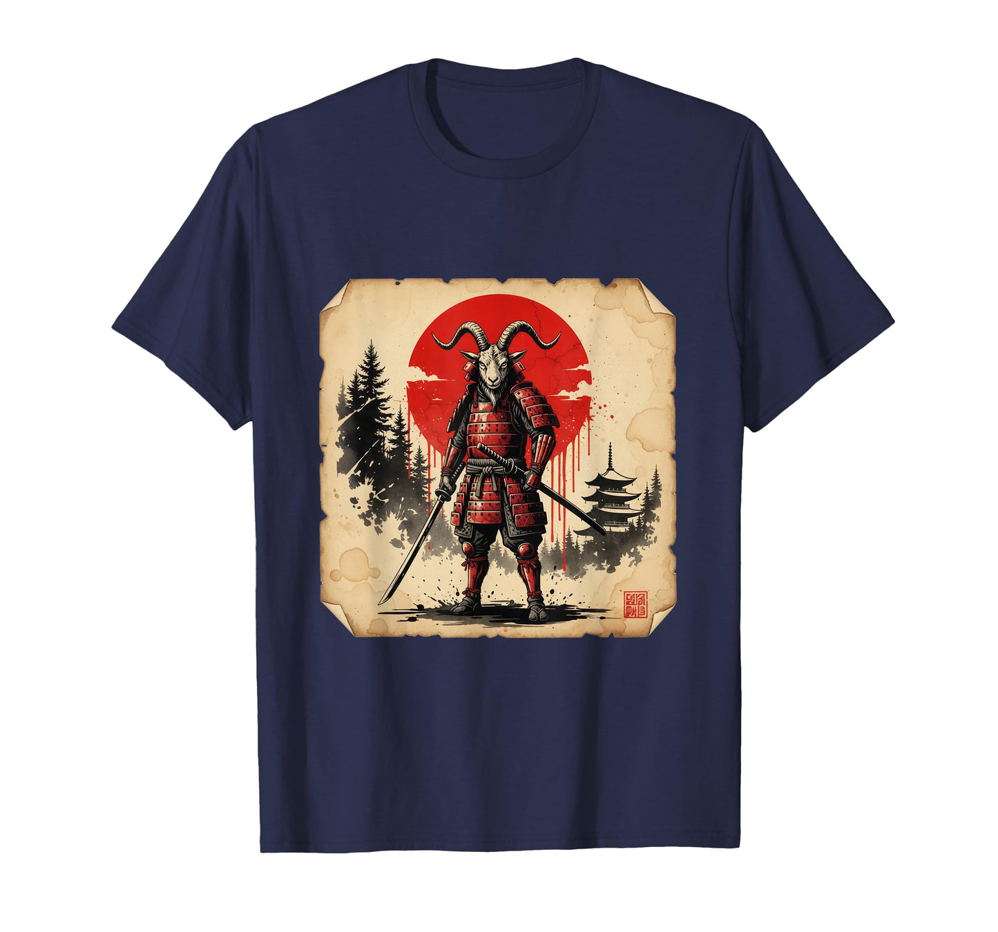 Epic Samurai Goat Japanese Warrior Dark Ink Art T-Shirt
