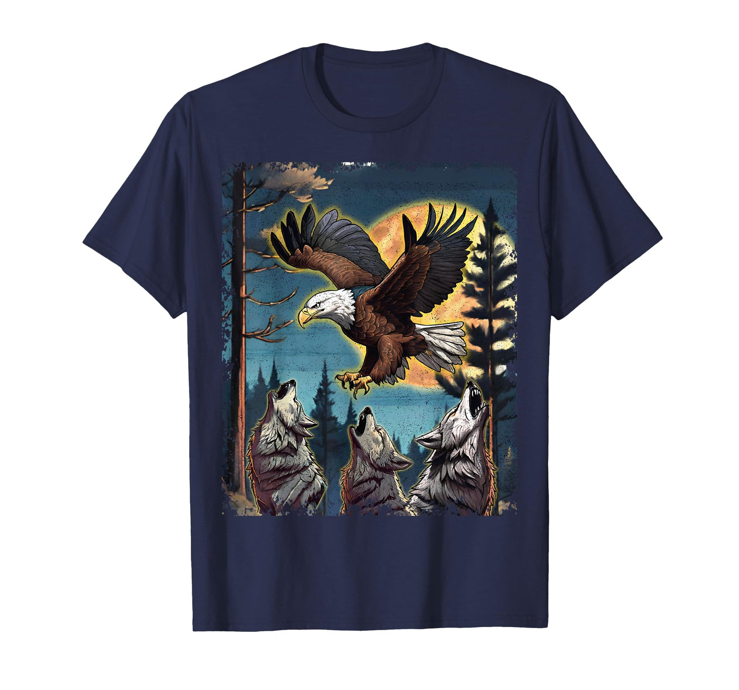Three Wolves Howling Moon American Bald Eagle Nature Print T-Shirt