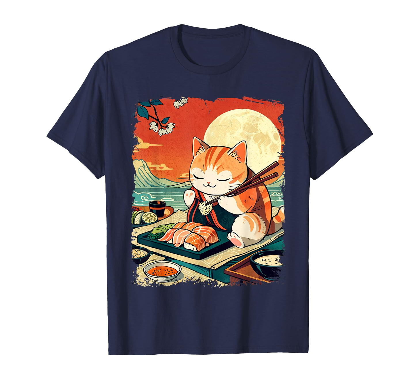 Ukiyo-e Art Japanese Funny Cat Eating Sushi T-Shirt