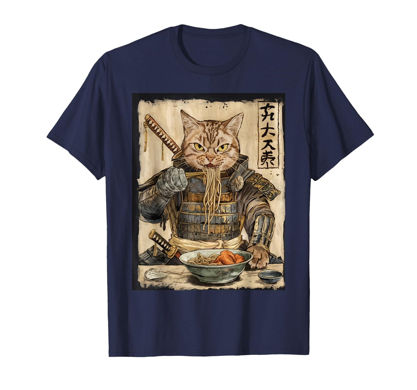 Samurai Cat Loves Ramen Funny Anime Japanese Artwork Samurai T-Shirt
