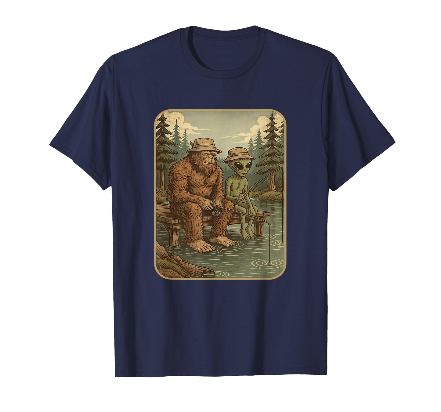 Bigfoot Fishing Design Men Boys Sasquatch Fishing Distressed T-Shirt