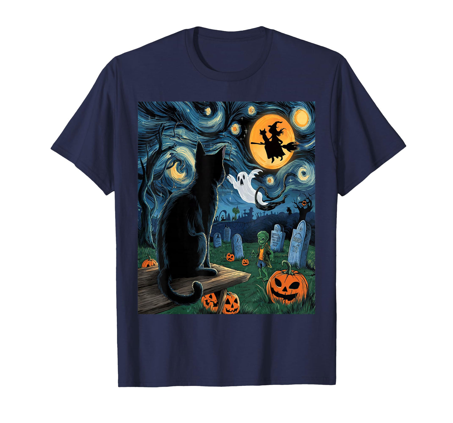 Halloween Van Gogh Starry Night Black Cat Pumpkins Witch T-Shirt