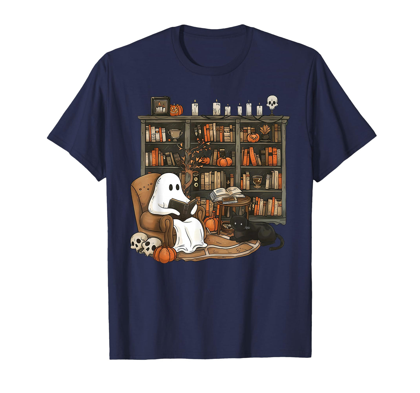 Funny Ghost Book Reading Books Lover Teacher Happy Halloween T-Shirt
