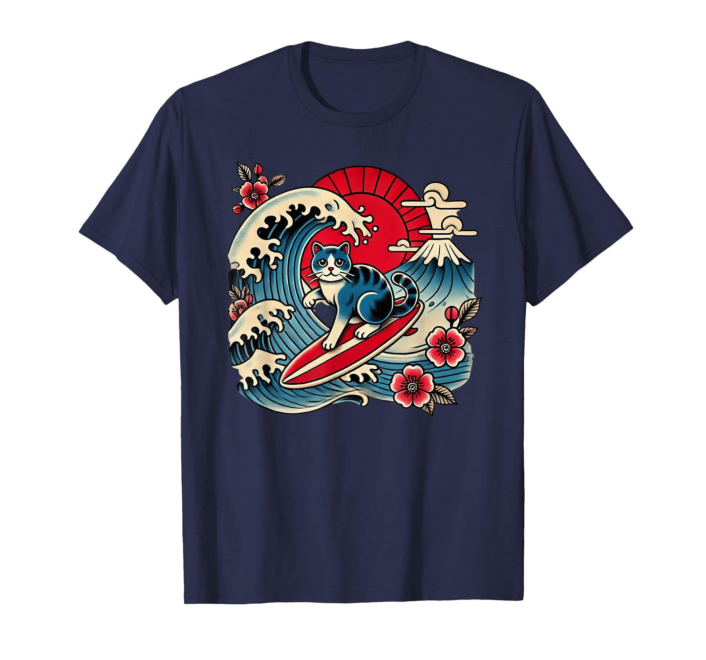 Pet Lover Mt. Fuji Sunset Japanese Wave Art Surfing Cat T-Shirt