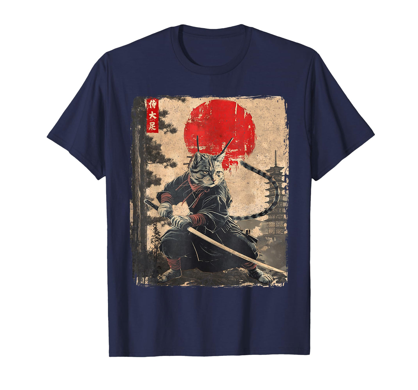 Vintage Ninja Samurai Cat Graphic Tees Art Japanese Anime T-Shirt