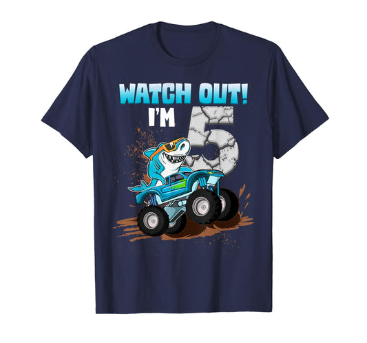 5 Years Old 5th Birthday Shark Boy Girl Monster Truck Gamer T-Shirt