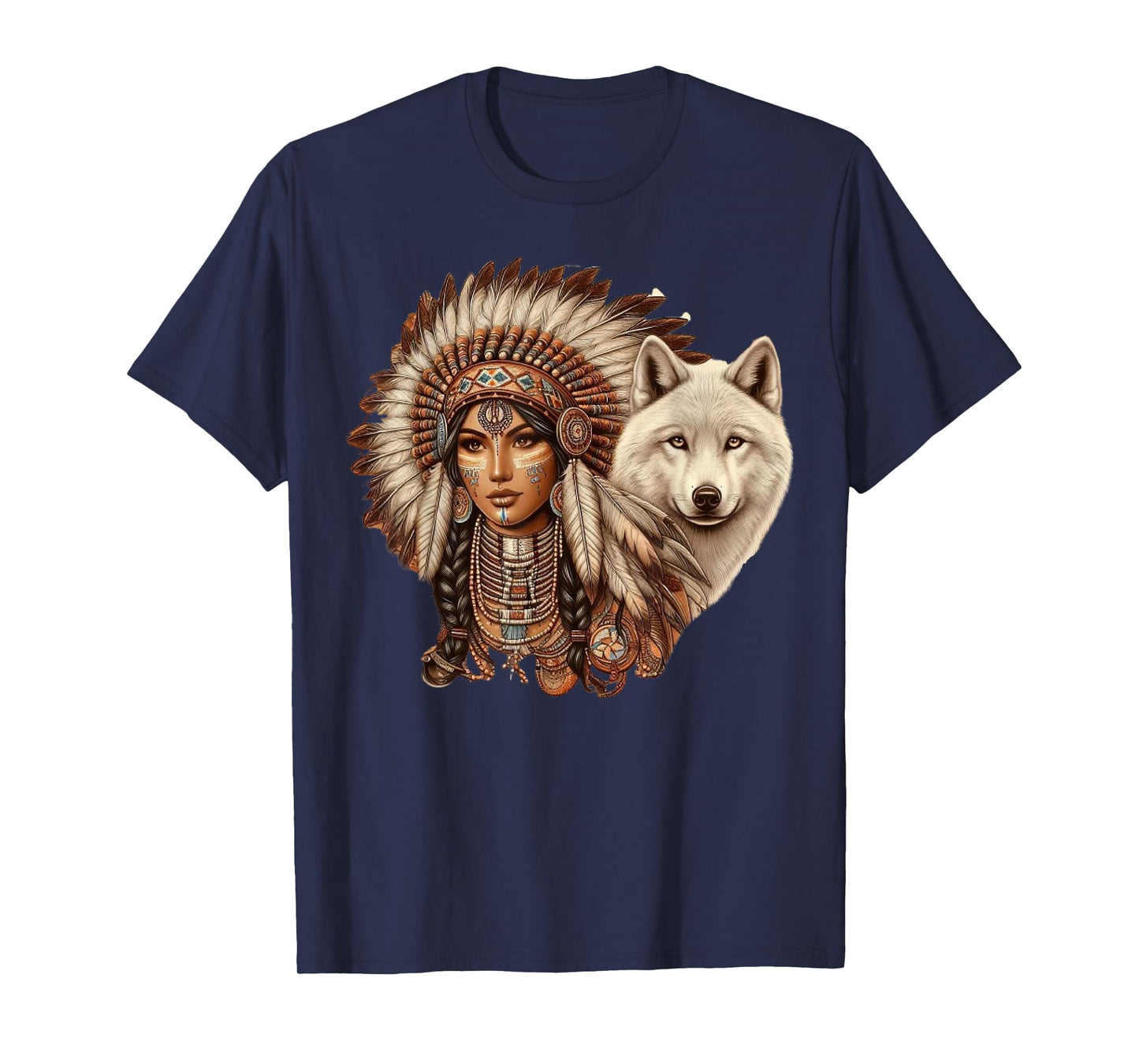 Indian Native American Woman with White Wolf Vintage T-Shirt