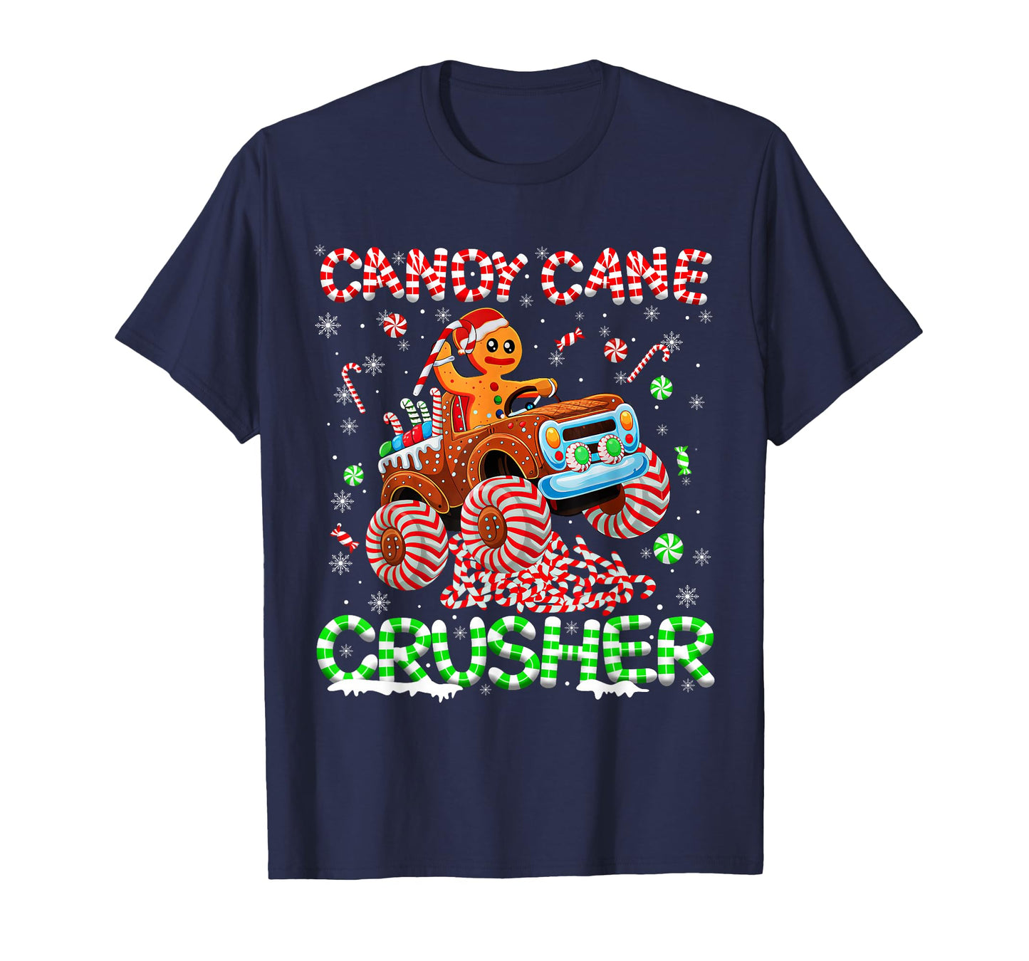 Kids Christmas Gingerbread Candy Cane Crusher Monster Truck T-Shirt