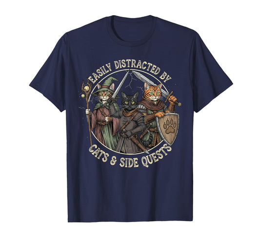 Easily Distracted by Cats Side Quests Funny Gamer Vintage T-Shirt