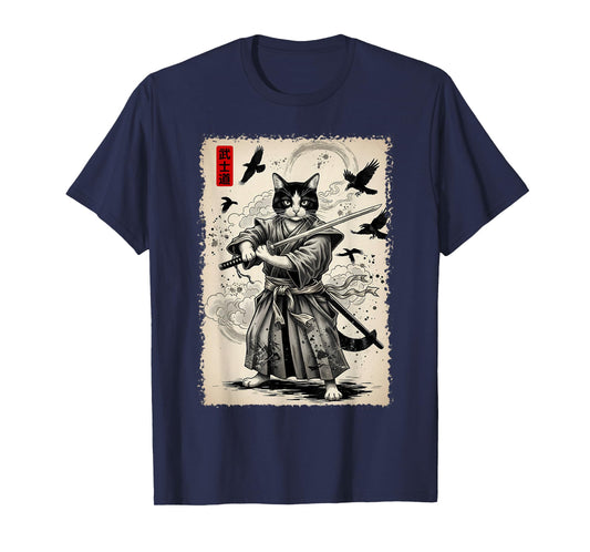 Samurai Cat Graphic Tee Warrior Vintage Japanese Art Anime T-Shirt