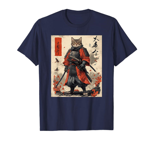 Samurai Cat T-Shirt - Japanese Art Style Warrior Graphic Tee T-Shirt