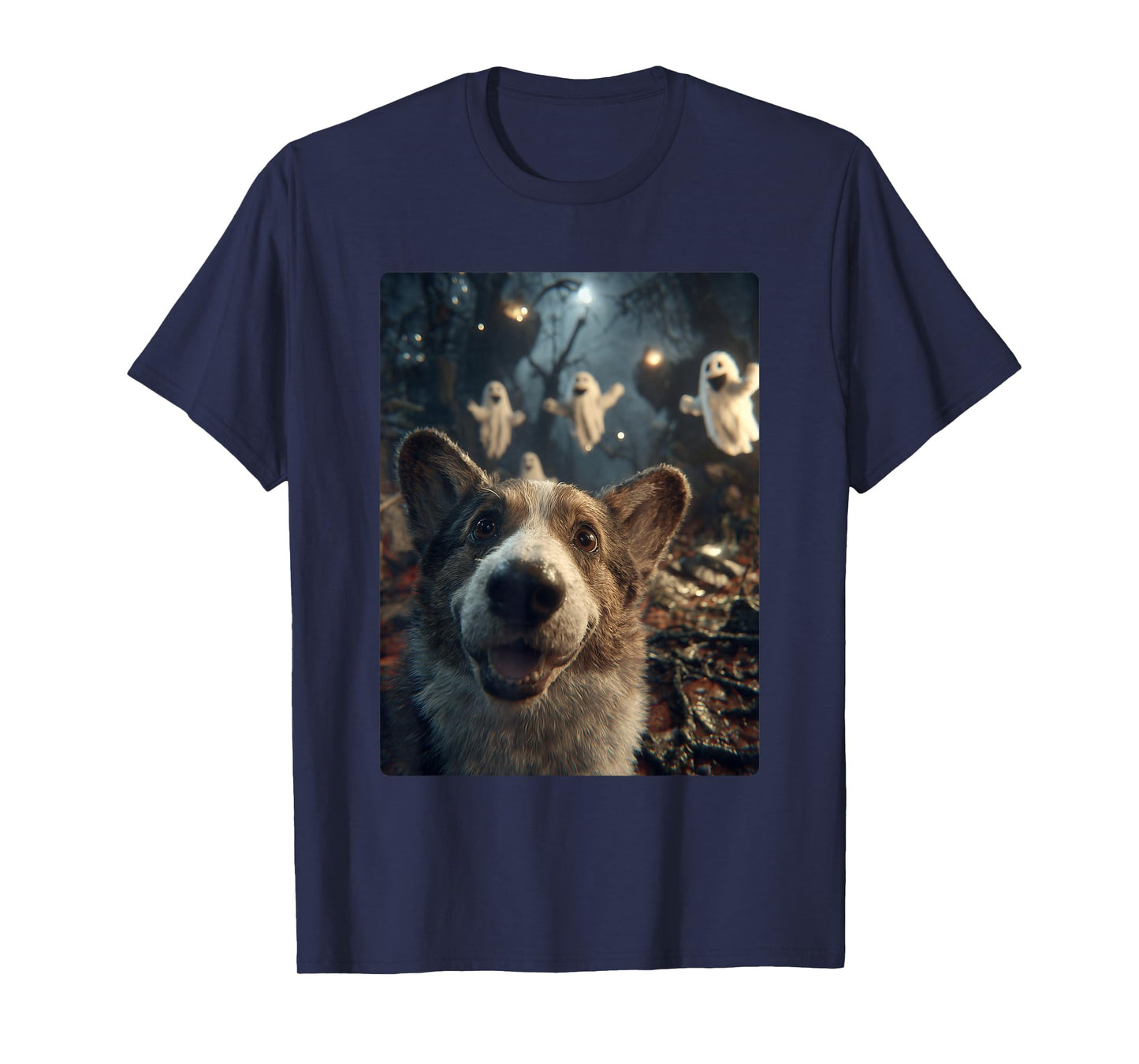 Funny Corgi Selfie with Ghosts Haunted Forest Halloween Dog T-Shirt