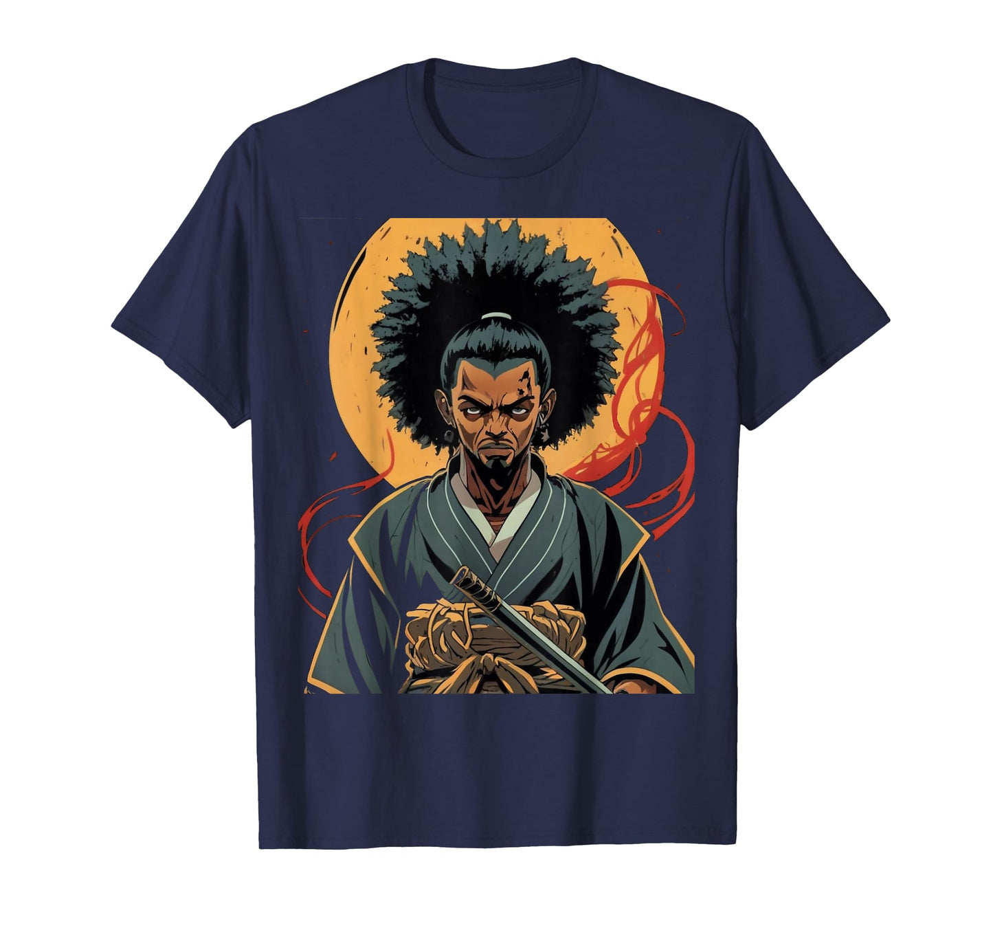 Afro American Samurai Anime Cartoon Japanese Bushido Warrior T-Shirt
