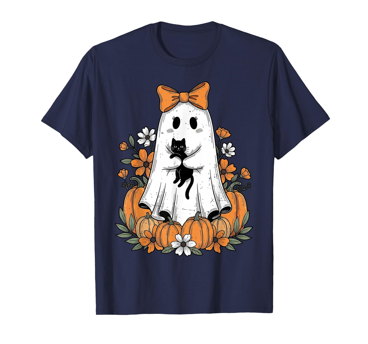 Retro Halloween Cute Ghost Holding Black Cat Floral Pumpkin T-Shirt