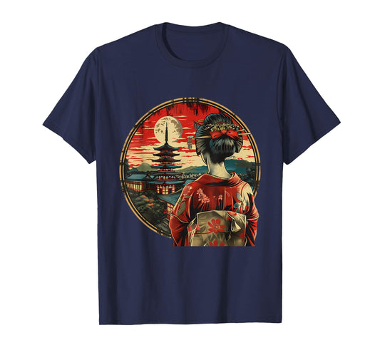 Japanese Geisha Pagoda Geisha Girl Kimono Traditional Art T-Shirt