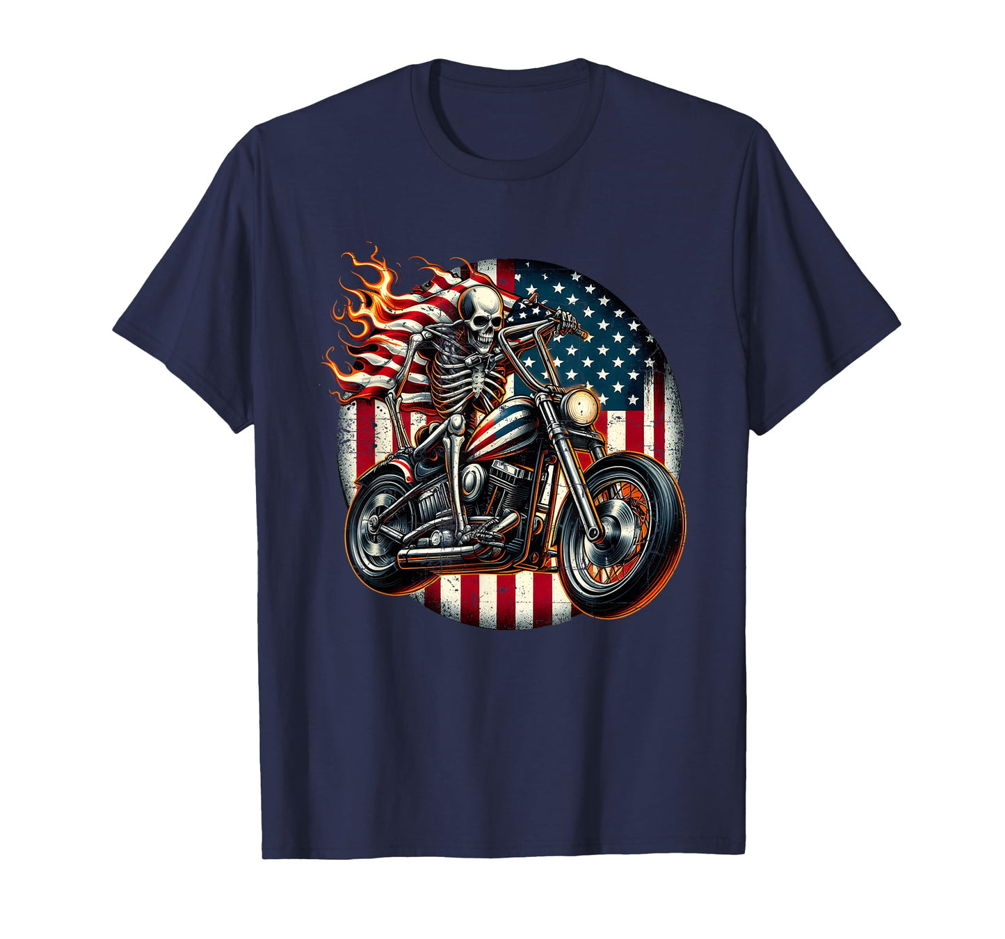 USA Flag Motorcycle Skeleton Biker 4th July American Patriot T-Shirt