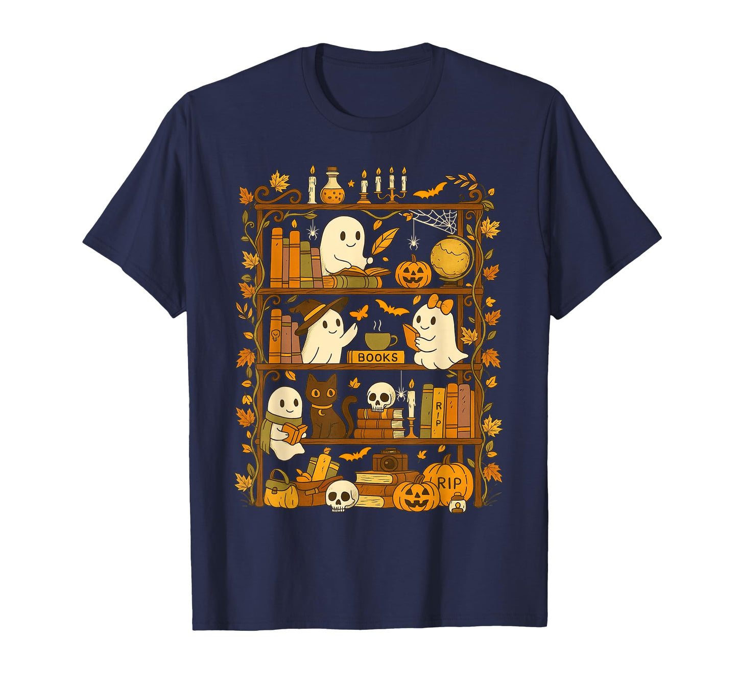 Retro Bookshelf Black Cat Halloween Ghost Reading Book Lover T-Shirt
