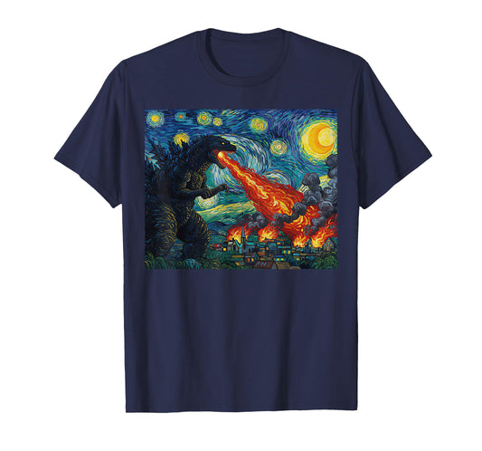 Funny Art Japanese Monster Kaiju in Van Gogh Starry Night T-Shirt