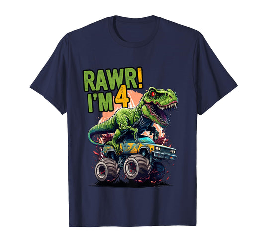 Kids Rawr I'm 4 T Rex 4th birthday Boys Dinosaur Monster Truck T-Shirt