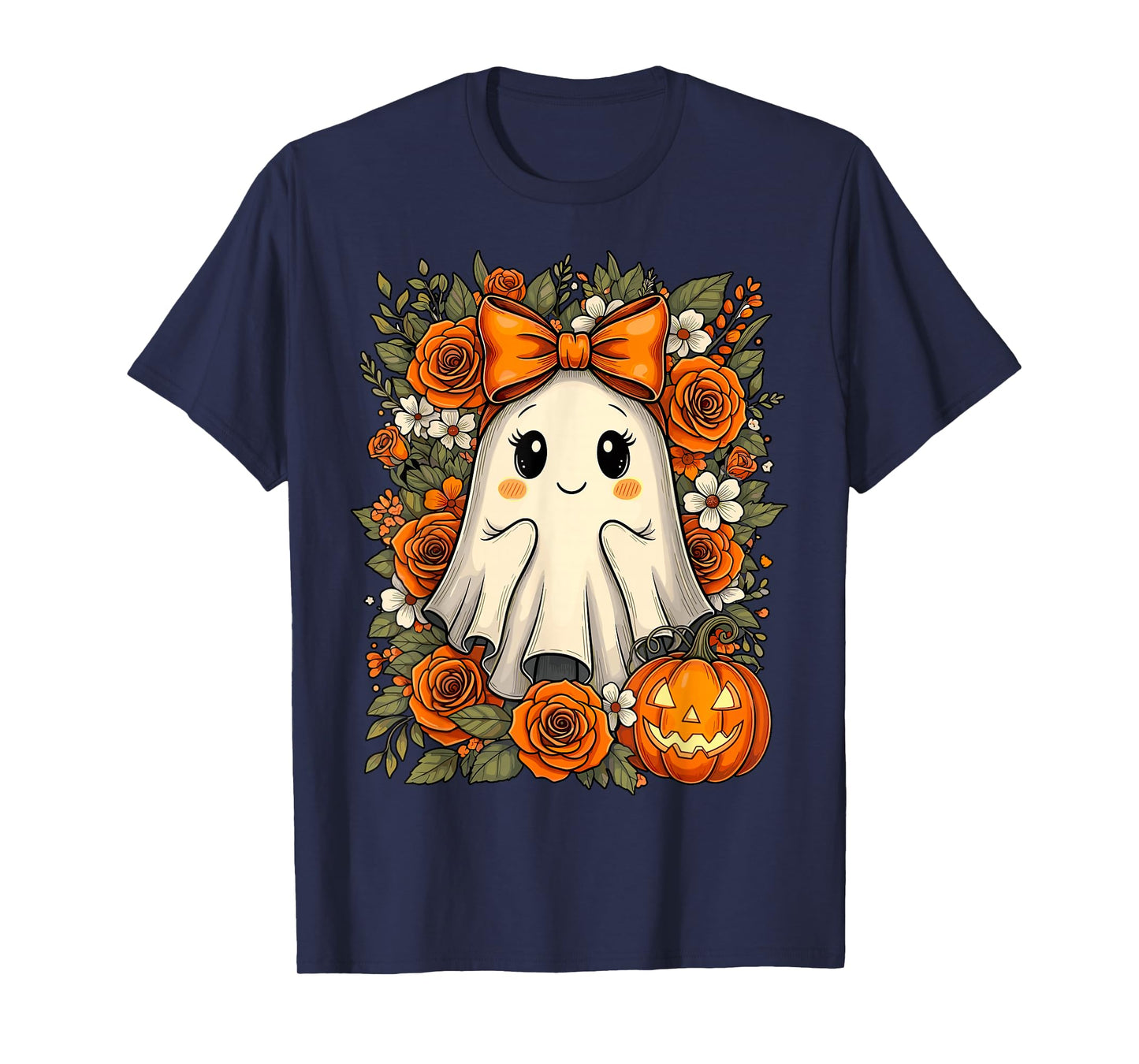 Cute Ghost Pumpkin Floral Halloween T-Shirt