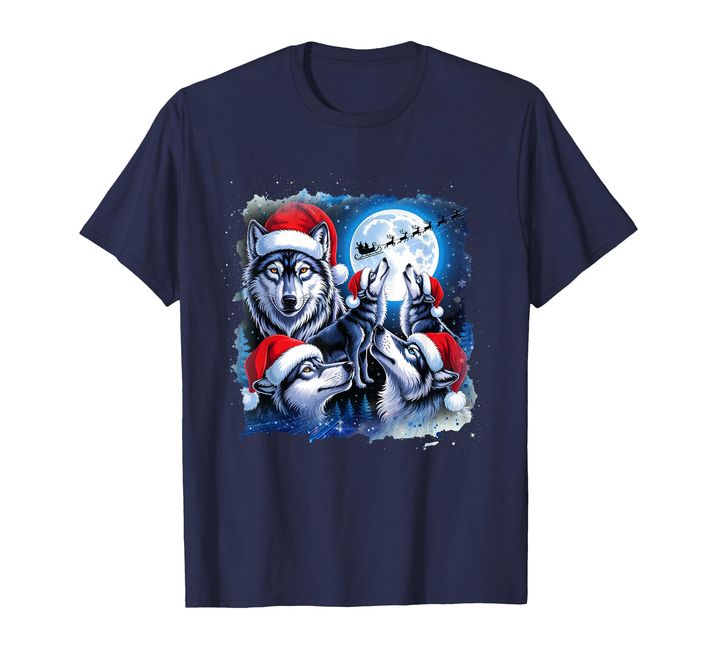 Wolves Howling Under Moon Christmas Santa Funny Wolf Xmas T-Shirt