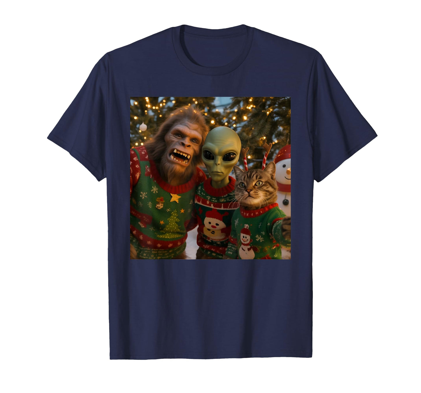 Funny Christmas Cat Selfie with Alien Ugly Sweater T-Shirt