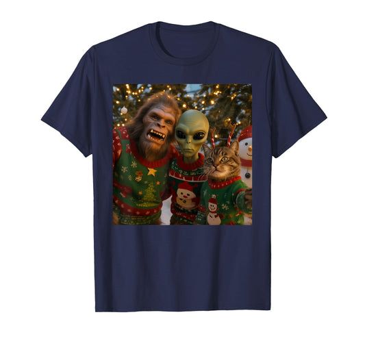 Funny Christmas Cat Selfie with Alien Ugly Sweater T-Shirt