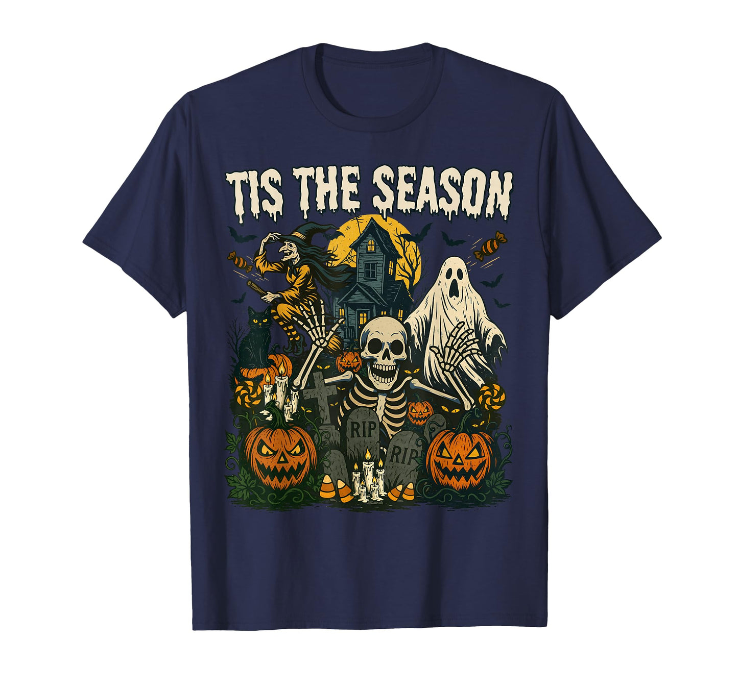 Vintage Tis The Season Halloween Skeleton Ghost Vibes Retro T-Shirt