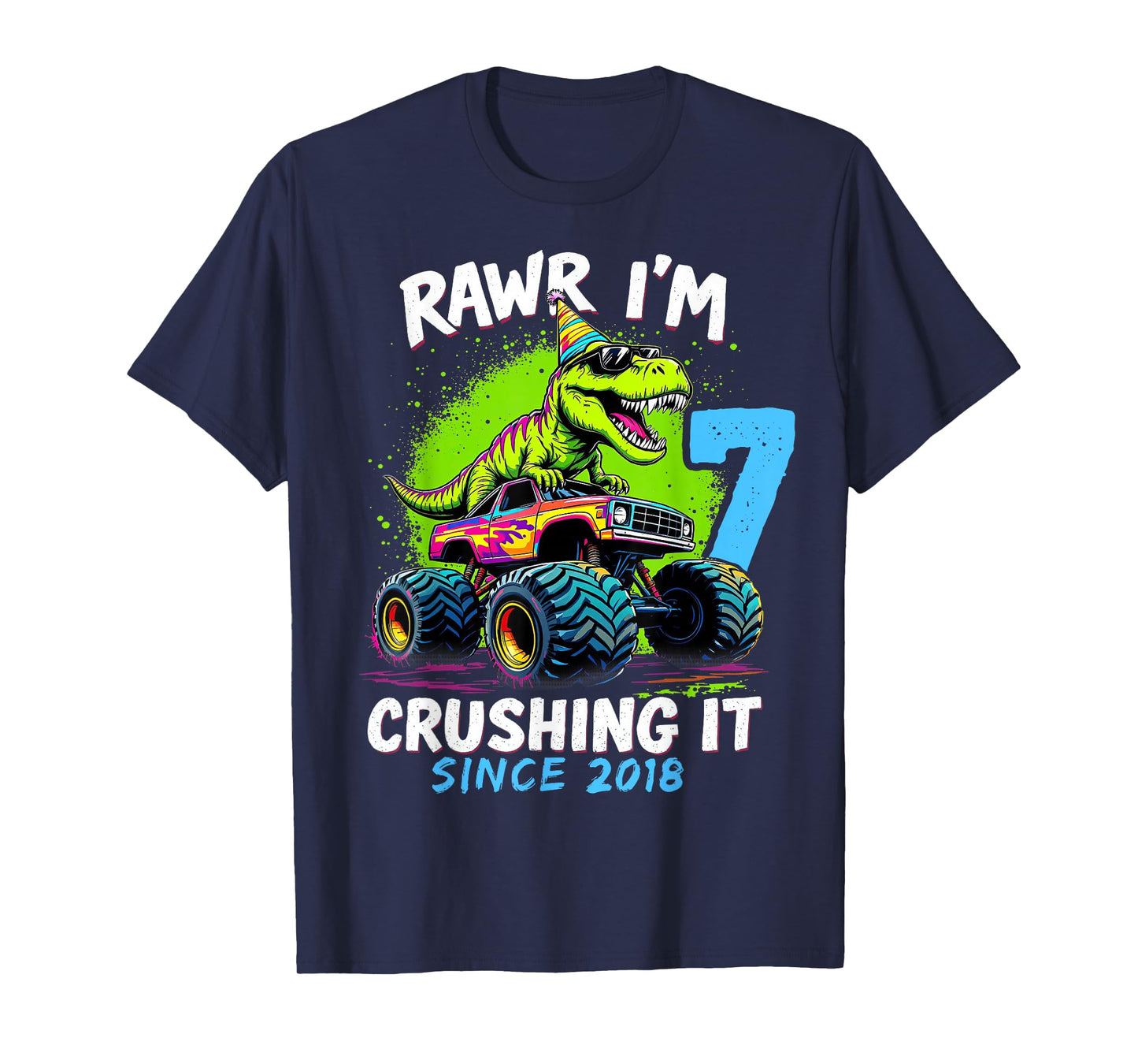 7th Birthday Monster Truck Dinosaur Party Boys Rawr I'm 7 T-Shirt